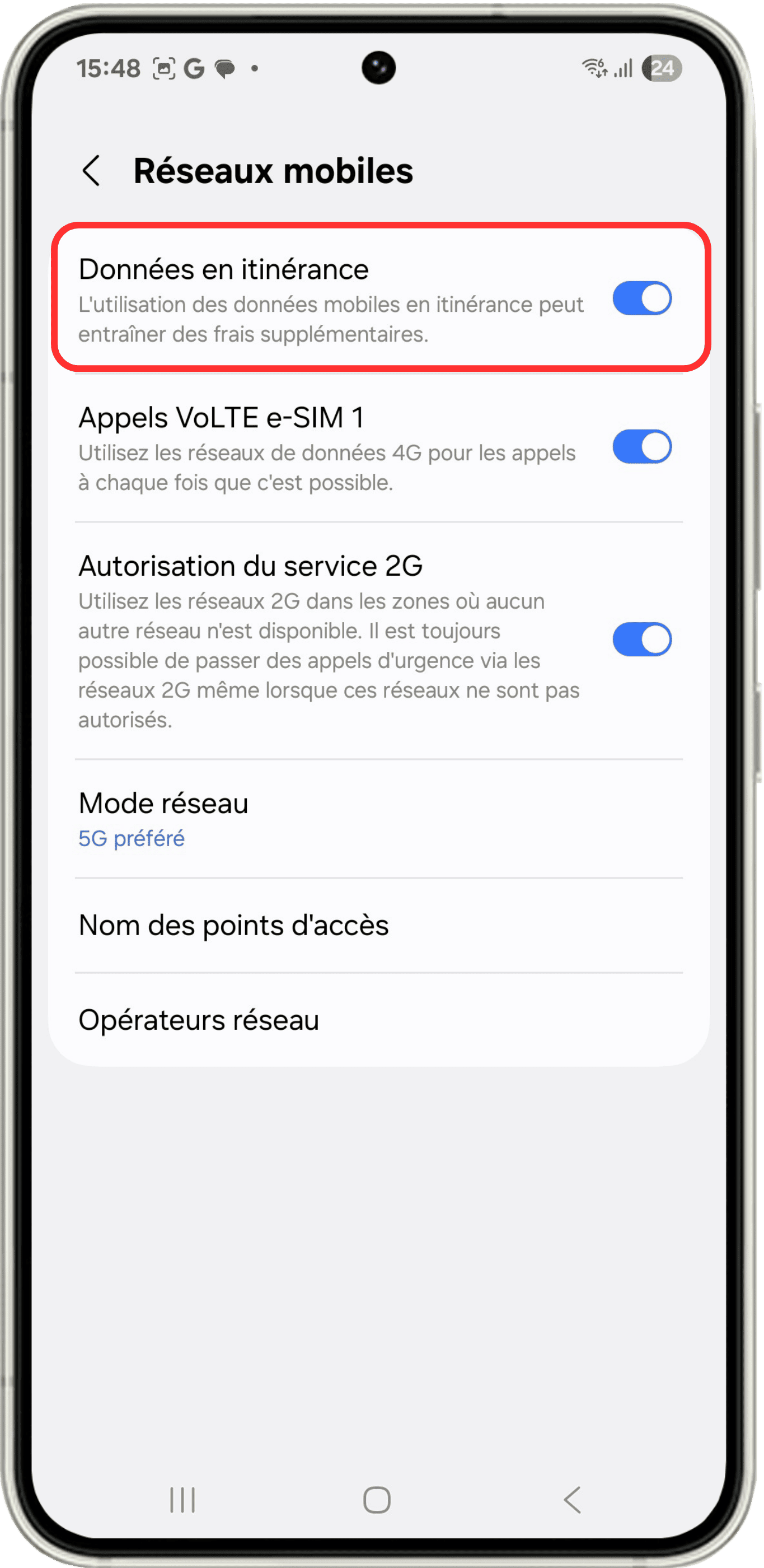 Activez l'itinérance